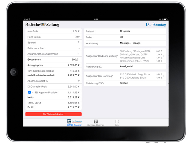 iPad Kalkulationstool für Anzeigenpreise der Badischen Zeitung